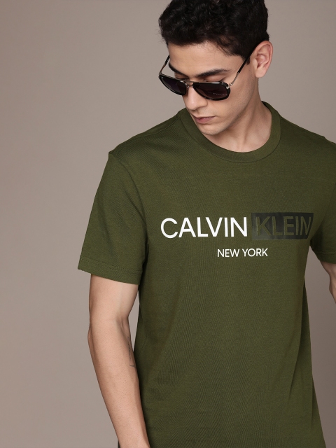 

Calvin Klein Jeans Men Olive Green Pure Cotton Contrast Brand Logo T-shirt