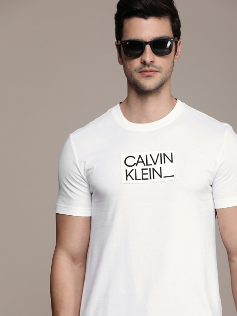 

Calvin Klein Jeans Men White Brand Logo Embroidered T-shirt