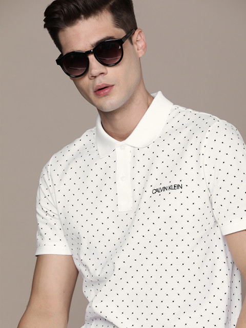 

Calvin Klein Jeans Men White Black Printed Polo Collar Slim Fit Pure Cotton T-shirt