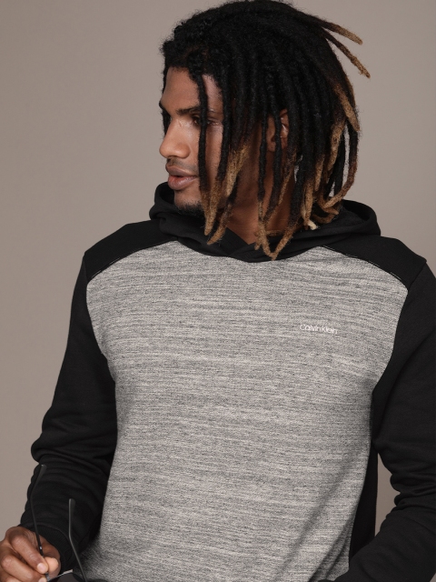 

Calvin Klein Jeans Men Black & Grey Melange Colourblocked Hooded Sweatshirt
