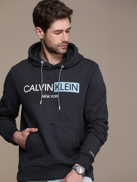 

Calvin Klein Jeans Men Navy Blue Organic Cotton Brand Logo Print Hooded Sweatshirt