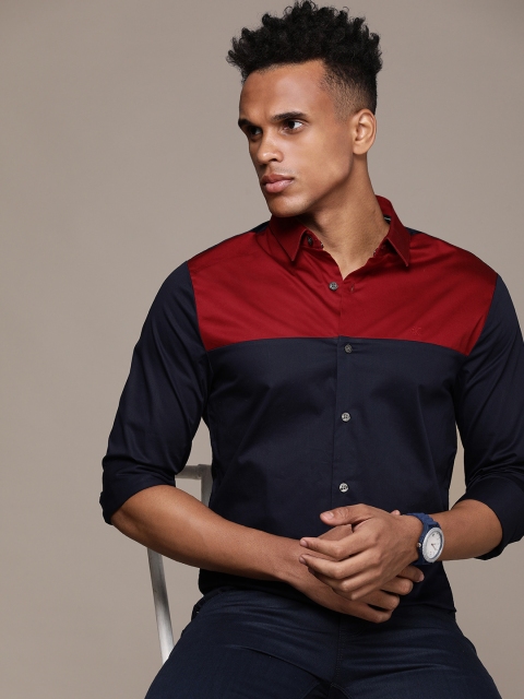 

Calvin Klein Jeans Men Navy Blue & Maroon Slim Fit Colourblocked Smart Casual Shirt