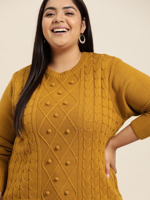 

Sztori Women Plus Size Mustard Brown Cable Knit Pullover