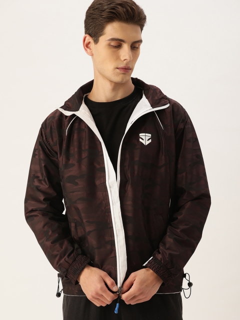 

Sports52 wear Men Burgundy & Black Camouflage Printed Hooded Rain Jacket