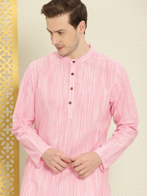 

House of Pataudi Men Pink Striped Regular Pure Cotton Rozana Kurta with Trousers
