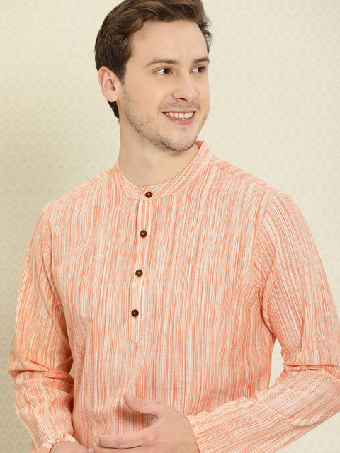 

Ode by House of Pataudi Men Red Striped Regular Rozana Pure Cotton Kurta with Pyjamas