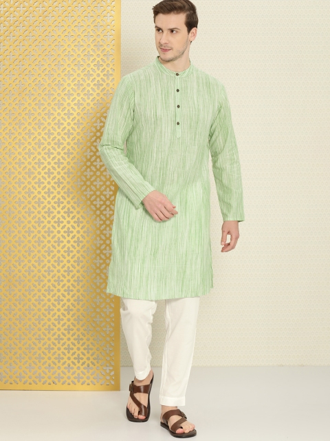 

Ode by House of Pataudi Men Green Striped Regular Rozana Pure Cotton Kurta with Pyjamas
