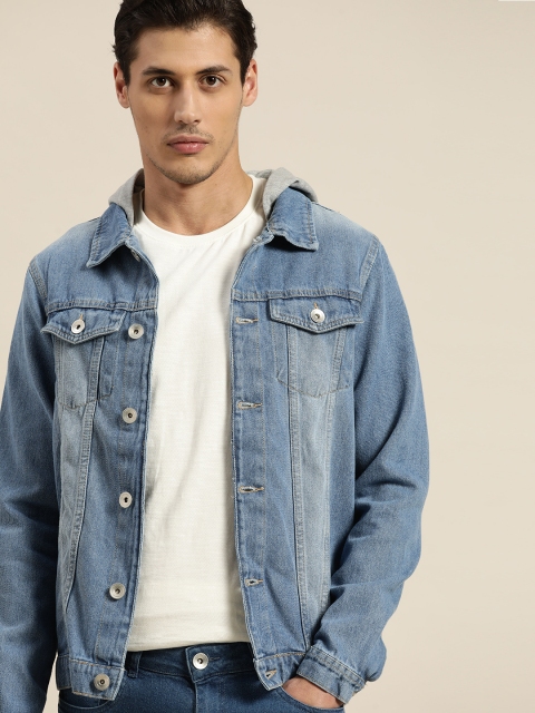 

ether Men Pure Cotton Hooded Washed Denim Jacket, Blue