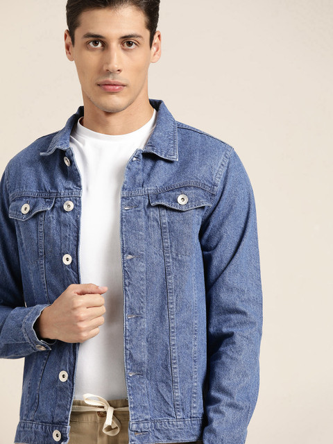 

ether Men Blue Solid Pure Cotton Denim Jacket