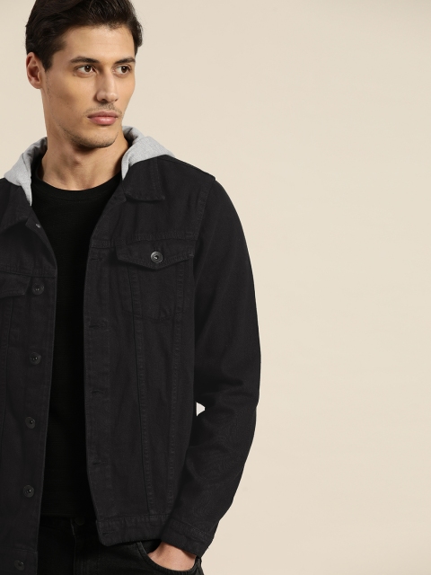 

ether Men Black Pure Cotton Hooded Washed Denim