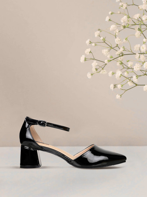 

Sherrif Shoes Black Block Heeled Pointed Toe Pumps with Buckle