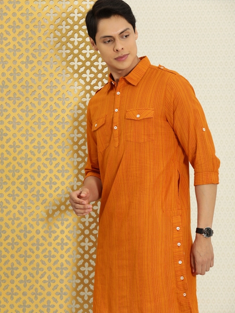 

House of Pataudi Men Orange Striped Kurta