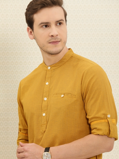 

House of Pataudi Men Mustard Yellow Checked Kurta