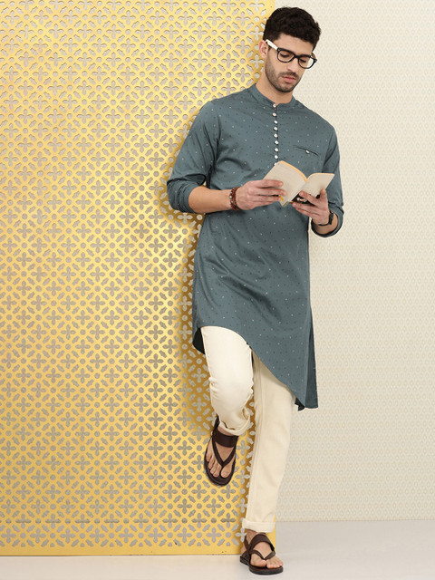 

Ode by House of Pataudi Men Grey Cotton Printed Rozana Asymmetric Kurta