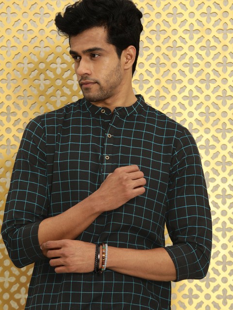 

House of Pataudi Men Black & Blue Rozana Checked Kurta