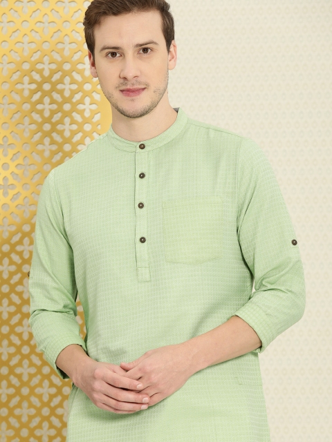 

House of Pataudi Men Green Geometric Embroidered Rozana Kurta