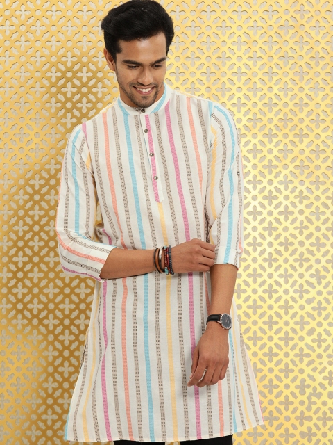 

Ode by House of Pataudi Men White & Pink Striped Kurta