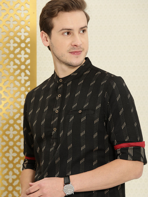 

House of Pataudi Men Black & Beige Geometric Print Rozana Kurta