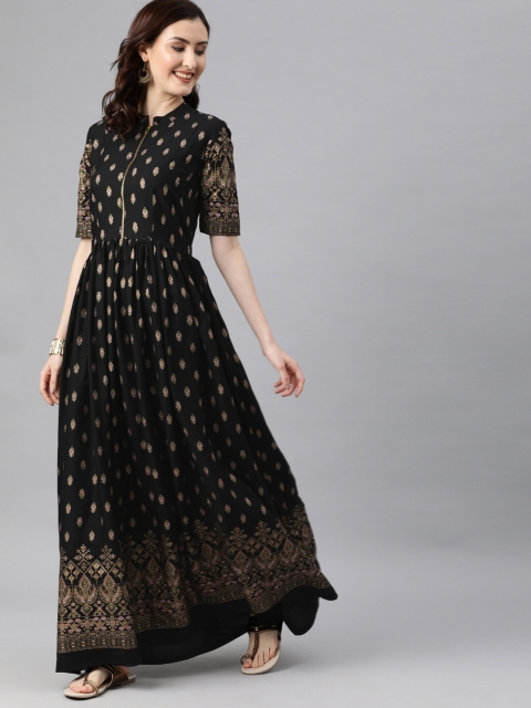 

Swishchick Women Black & Gold-Toned Ethnic Motifs Printed Fit and Flare Maxi Dress