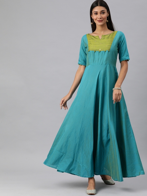 

Swishchick Women Turquoise Blue & Lime Green Ethnic Maxi Fit and Flare Dress