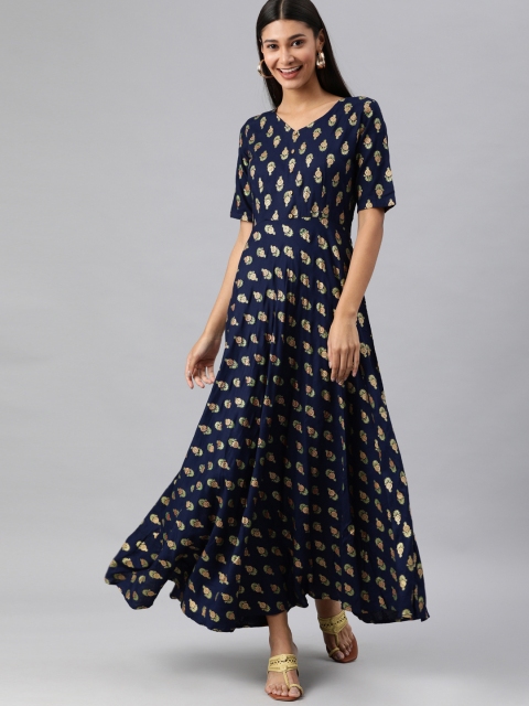 

Swishchick Navy Blue & Gold-Toned Ethnic Motifs Maxi Dress
