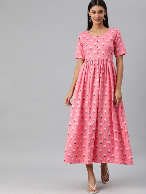

Swishchick Women Pink & Cream-Coloured Floral Printed Fit and Flare Maxi Dress