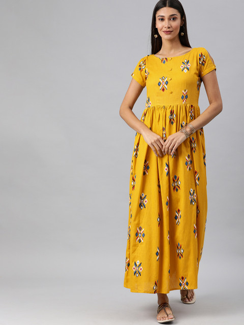 

Swishchick Women Mustard Yellow & Black Ethnic Motifs Maxi Dress