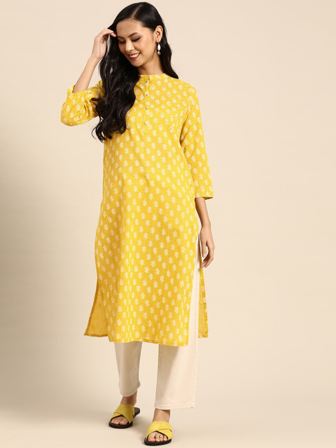 

Prakrti Women Yellow & White Cotton Handblock Khari Print Mirror Work Straight Kurta
