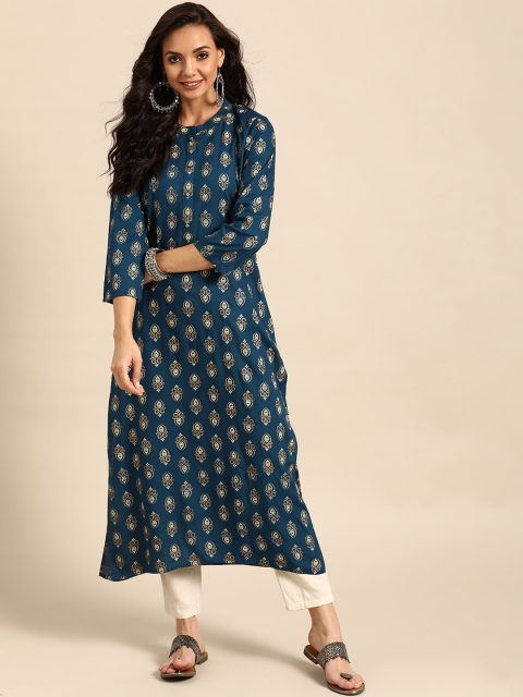 

Prakrti Women Teal Blue & Golden Handblock Print Straight Kurta