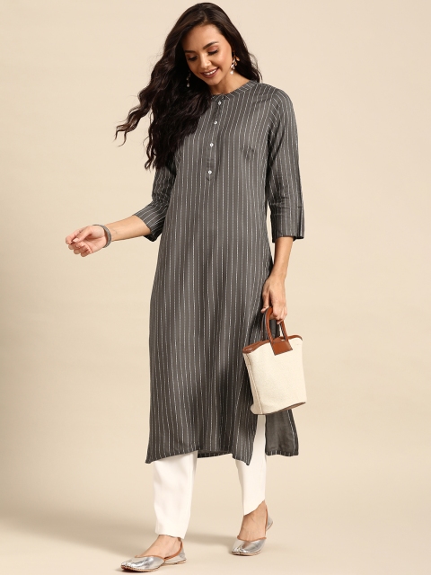 

Prakrti Women Charcoal Grey & White Striped Kurta