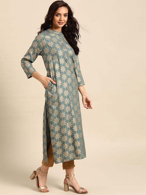 

Prakrti Women Green & Golden Ethnic Motifs Hand Block Print Kurta, Grey