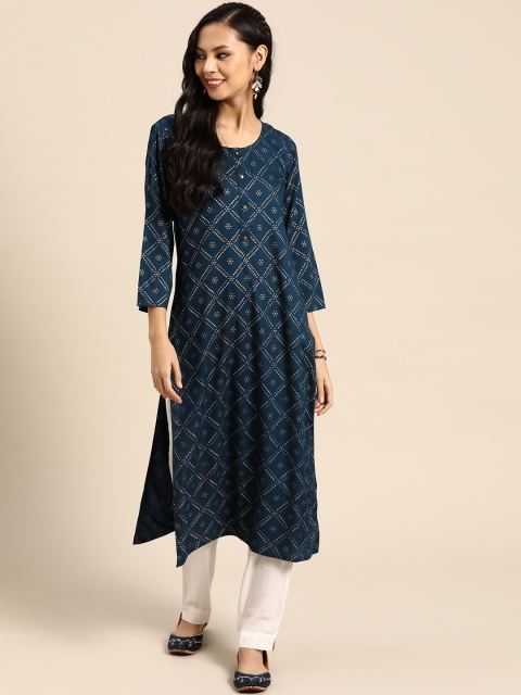 

Prakrti Women Teal Blue & White Bandhani Hand Block Printed Kurta