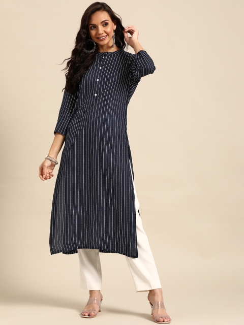 

Prakrti Women Navy Blue & Off White Striped Straight Kurta