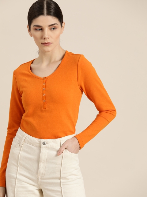 

ether Women Orange Solid Pure Cotton Henley Neck T-shirt
