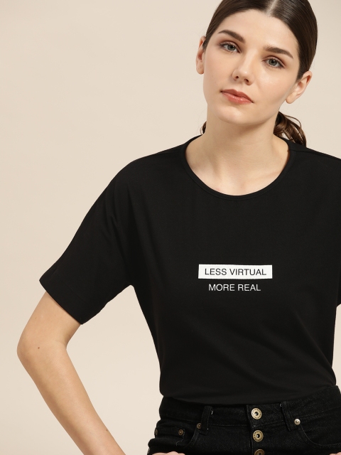 

ether Women Black Typography Printed T-shirt