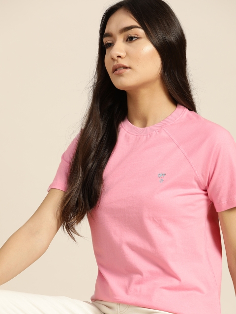 

ether Women Pink Pure cotton Solid Pure Cotton T-shirt