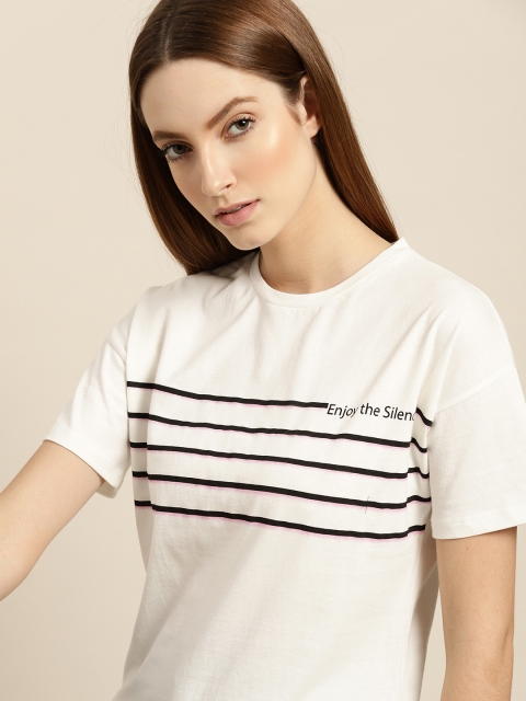 

ether Women White & Black Pure Cotton Striped T-shirt