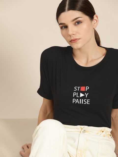 

ether Women Black Typography Printed T-shirt