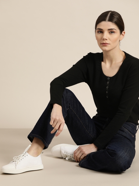 

ether Women Black Solid Pure Cotton Henley Neck T-shirt
