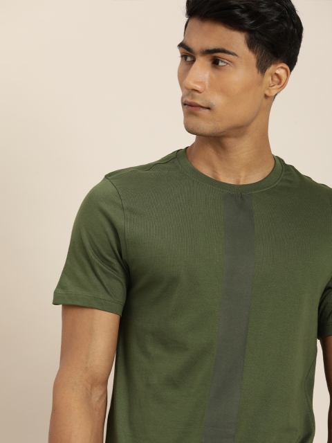 

ether Men Olive Green Charcoal Striped Regular Fit Pure Cotton T-shirt