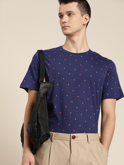 

ether Men Navy Blue Red Geometric Printed Pure Cotton T-shirt