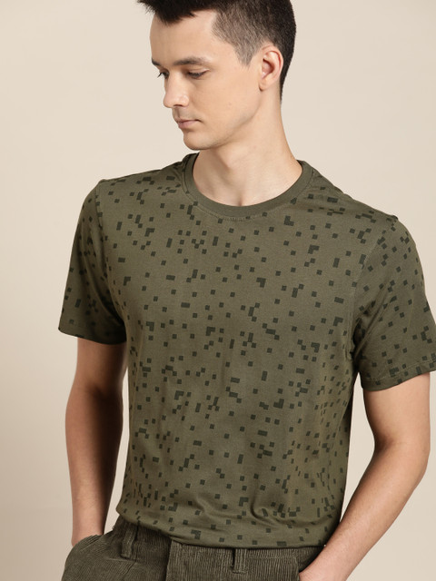 

ether Men Olive Green Geometric Printed Pure Cotton T-shirt