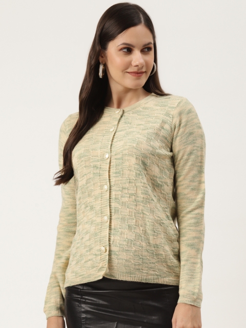 

American Eye Women Beige & Green Self Design Cardigan