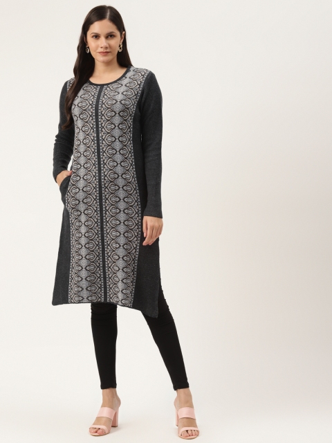 

American Eye Women Grey & Black Woven Design Winter Straight Kurta