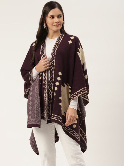 

American Eye Women Burgundy & Cream-Coloured Geometric Woven Design Longline Shrug