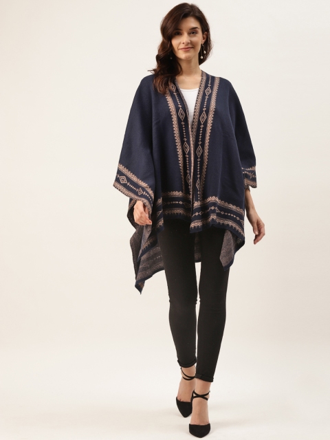 

American Eye Women Navy Blue & Beige Solid Longline Shrug