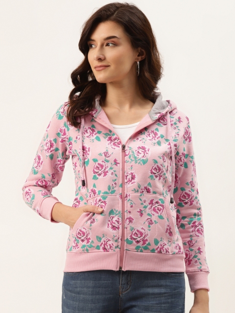 

American Eye Women Pink & Turquoise Blue Floral Print Hooded Sweatshirt