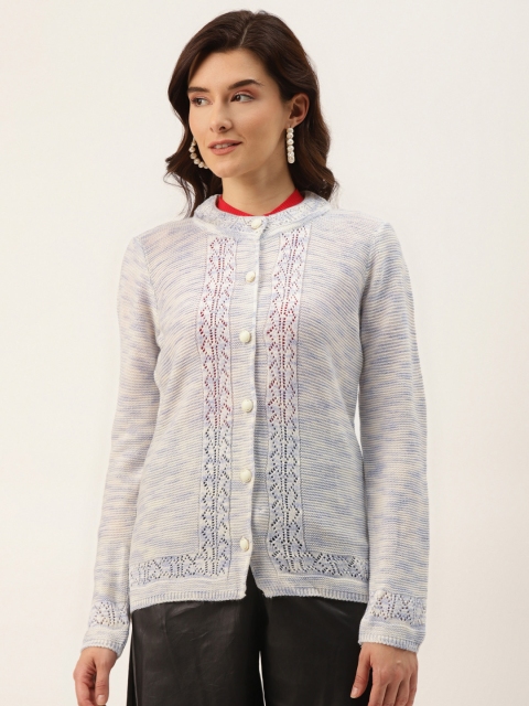 

American Eye Women Off-White & Blue Self Design Cardigan