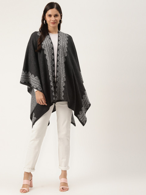 

American Eye Women Charcoal Grey & White Solid Longline Shrug
