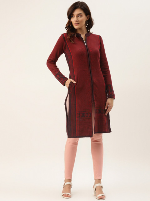 

American Eye Women Maroon Solid Longline Cardigan